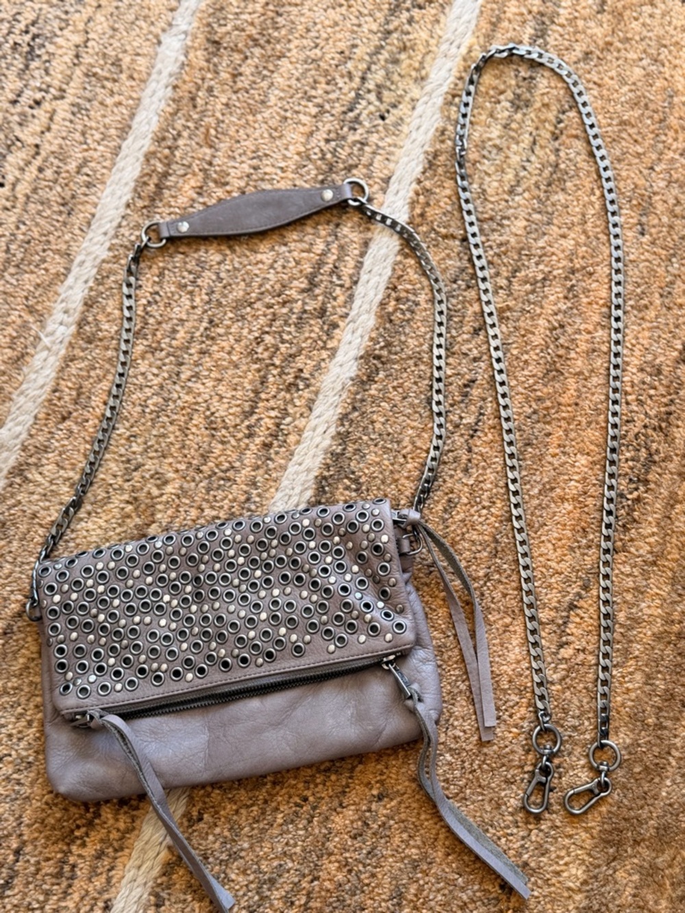 ASH Leather Fold Over Clutch Bag Purse Silver Chain grommet eyelets Accents